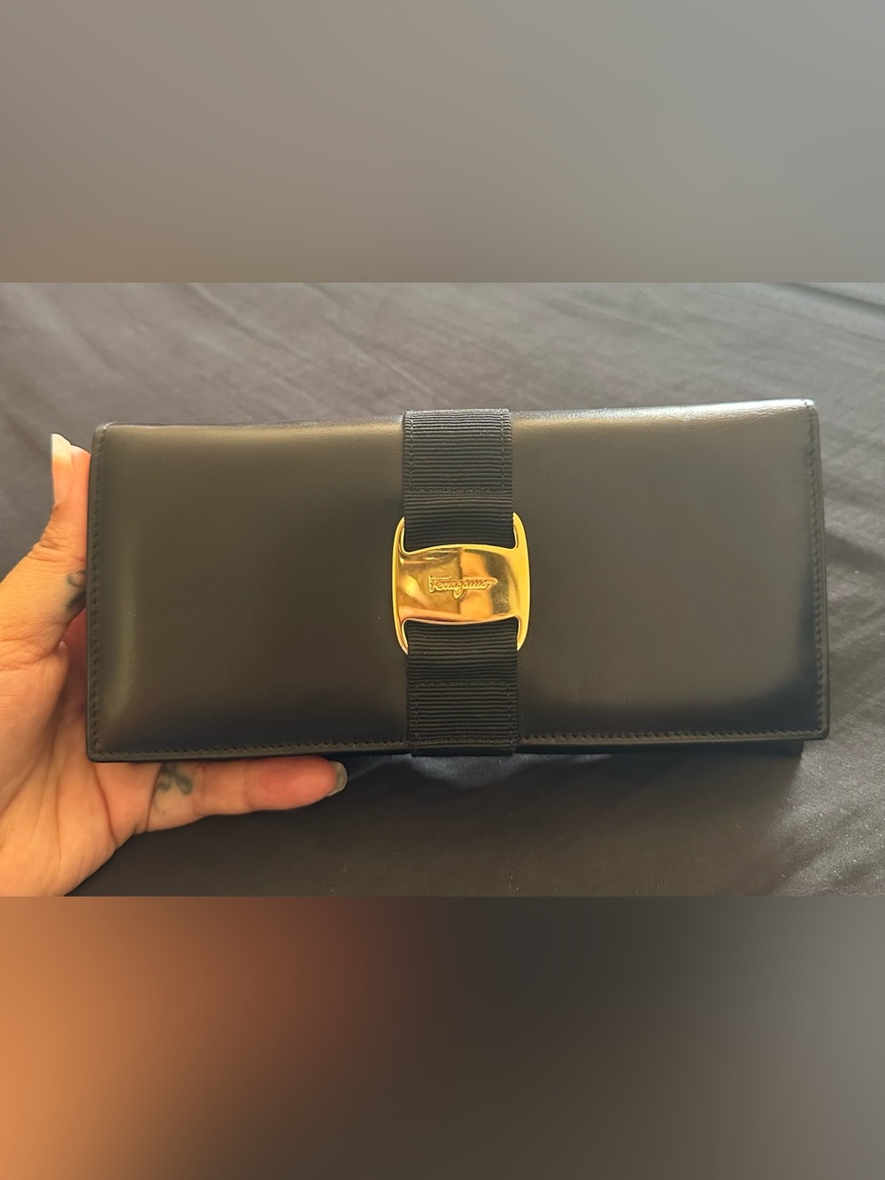 Salvatore Ferragamo Black Leather Wallet w/Gold Buckle